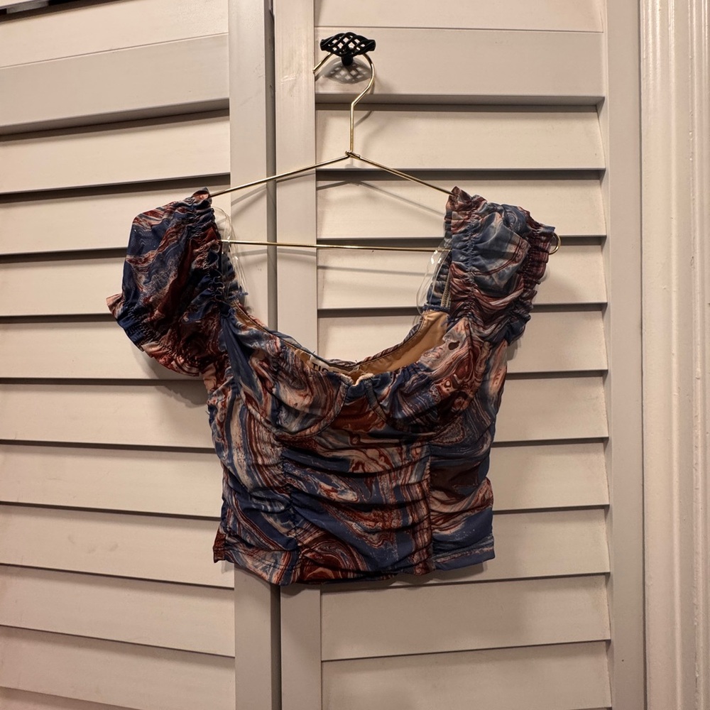 Stylish Women's Ruched Top - Blue and Brown